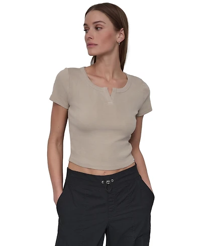 Dkny Sport Women's Ribbed Notched-Neck Cropped T-Shirt
