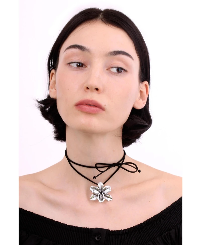 Choker Suede Necklace With Orchid Pendant 13″