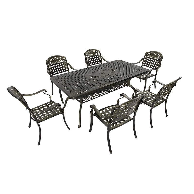 7pcs Outdoor Furniture Set Cast Aluminium Patio Dining Set 6 Outdoor Dining Chairs and 71 Inches Rectangular Dining Table for Balcony Porch Backyard G
