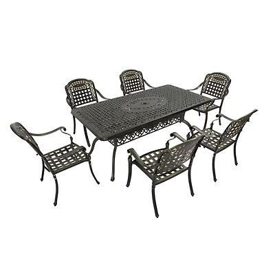 7pcs Outdoor Furniture Set Cast Aluminium Patio Dining Set 6 Outdoor Dining Chairs and 71 Inches Rectangular Dining Table for Balcony Porch Backyard G