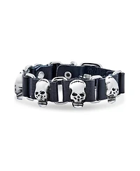 Bling Jewelry Biker Chain Link Bracelet Skull Heads Black Leather Studded Cuff s