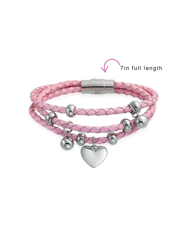 Bling Jewelry Pink or White Wrap Bracelet with Braided Leather and Heart Charms Stainless Steel