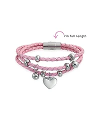 Bling Jewelry Pink or White Wrap Bracelet with Braided Leather and Heart Charms Stainless Steel
