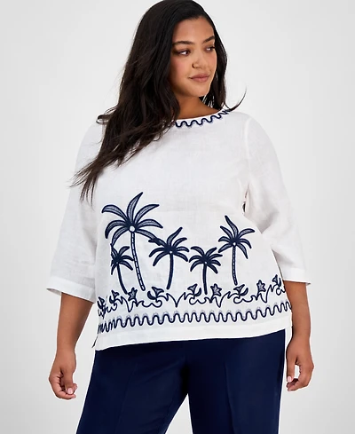 Charter Club Plus Corded Embroidered Linen Top, Exclusively at Macy's