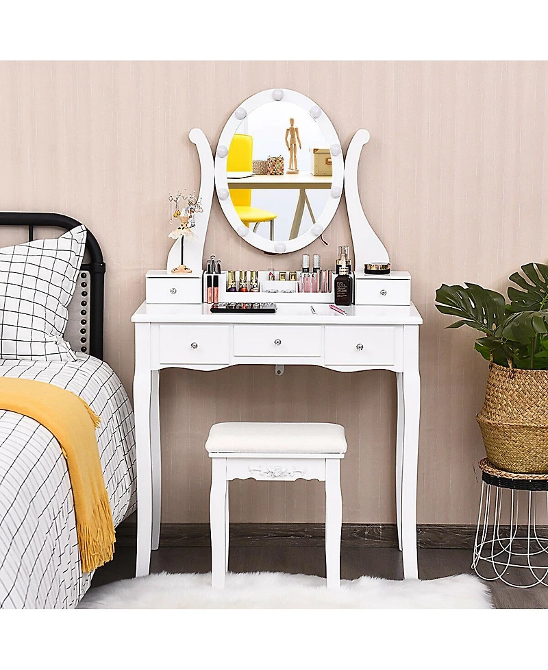 10 Dimmable Lights Vanity Table Set with Lighted Mirror and Cushioned Stool