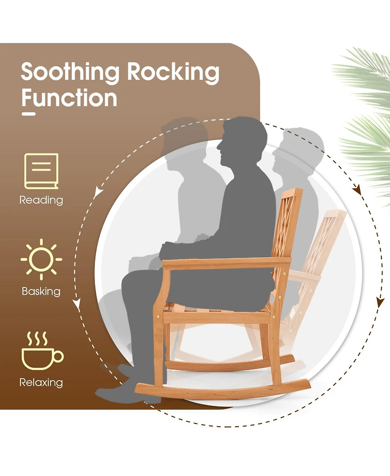 Teak Wood Rocking Chair Oversized Porch Rocker with Backrest and Slatted Seat