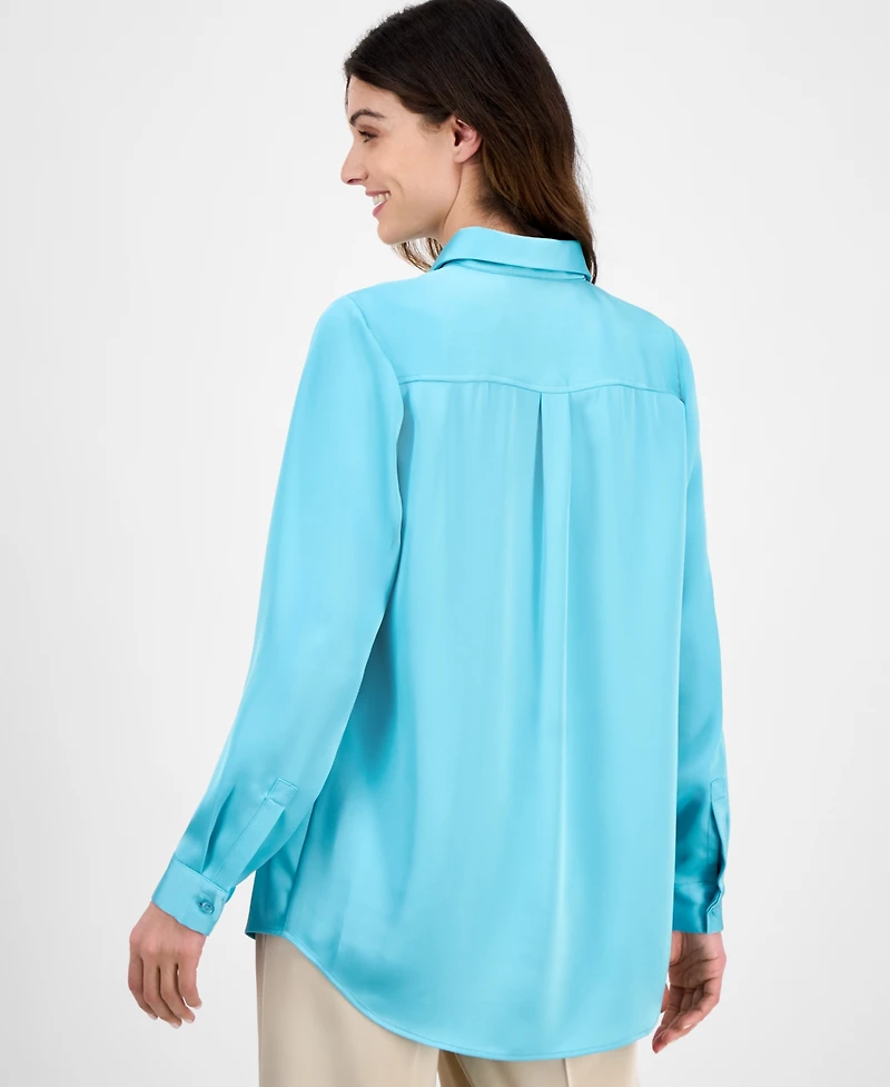 Tahari Asl Women's Satin Long-Sleeve Button-Front Blouse