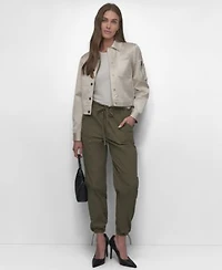 Dkny Womens Sateen Cropped Snap Front Jacket Cutaway Seamless Tank Top Tie Front Cargo Pants