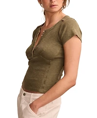 Lucky Brand Women's Cotton Crochet-Trim Short-Sleeve Henley Top