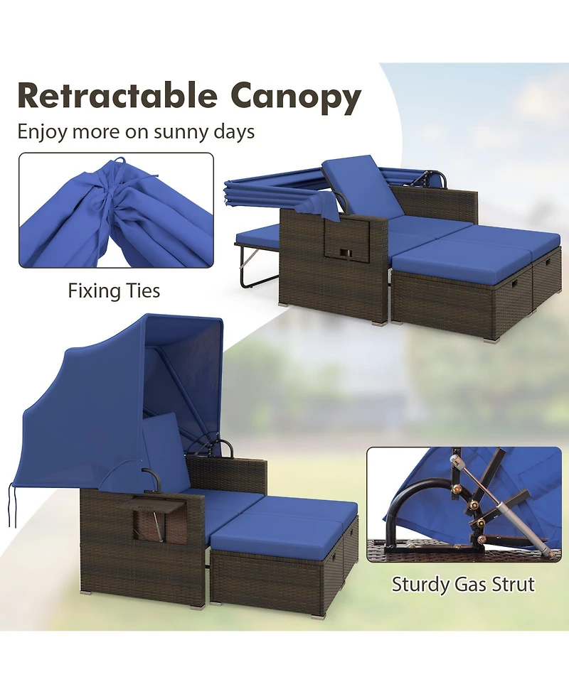Outdoor Patio Rattan Daybed with Retractable Canopy and Adjustable Backrests