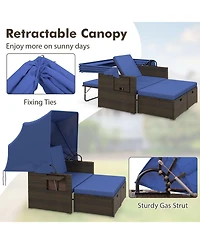 Outdoor Patio Rattan Daybed with Retractable Canopy and Adjustable Backrests