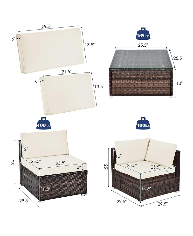 6 Pieces Patio Rattan Furniture Set with Cushions and Glass Coffee Table