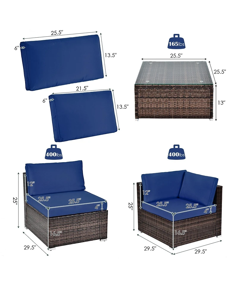 6 Pieces Patio Rattan Furniture Set with Cushions and Glass Coffee Table