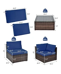 6 Pieces Patio Rattan Furniture Set with Cushions and Glass Coffee Table
