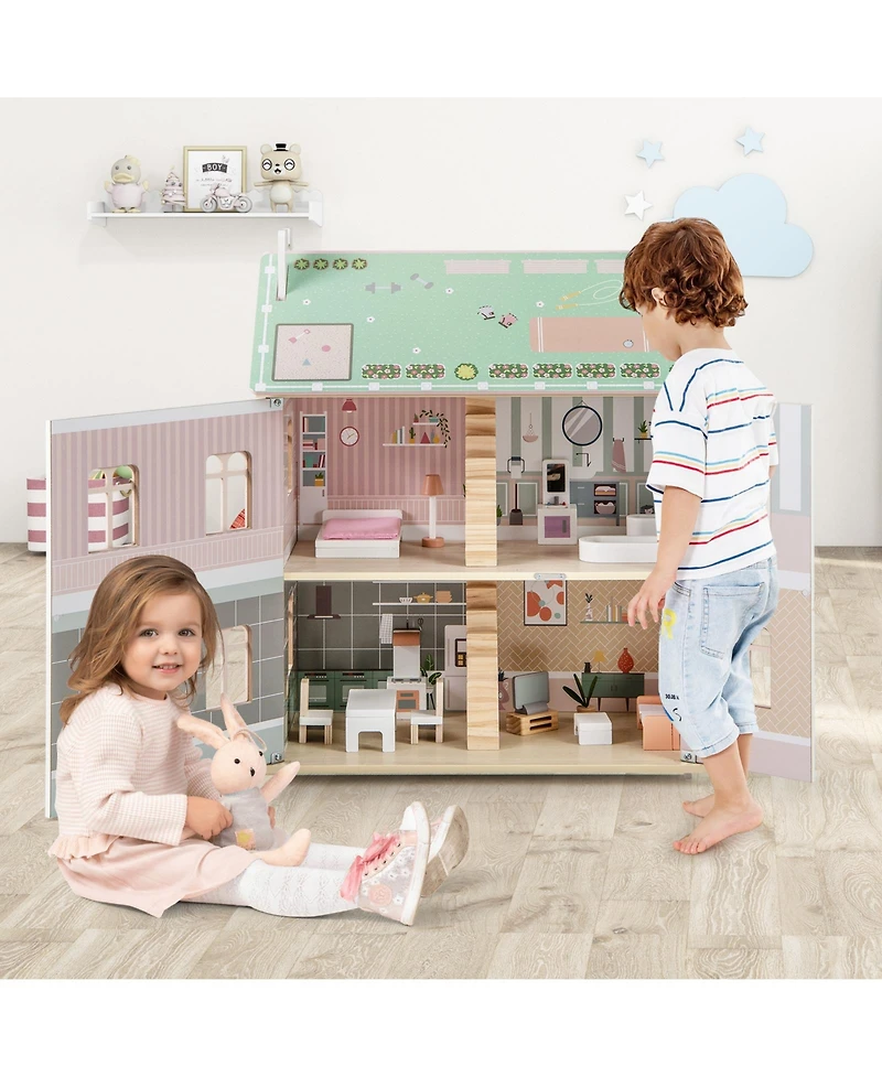 Kids 3-Level Dollhouse with Double-Sided Roofs & Doors Interactive Playset for Kids