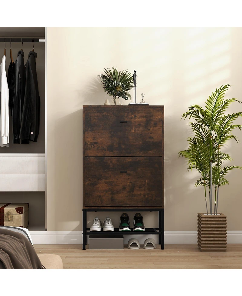 Modern Industrial Shoe Cabinet with Dual Flip Drawers and Bottom Display Shelf