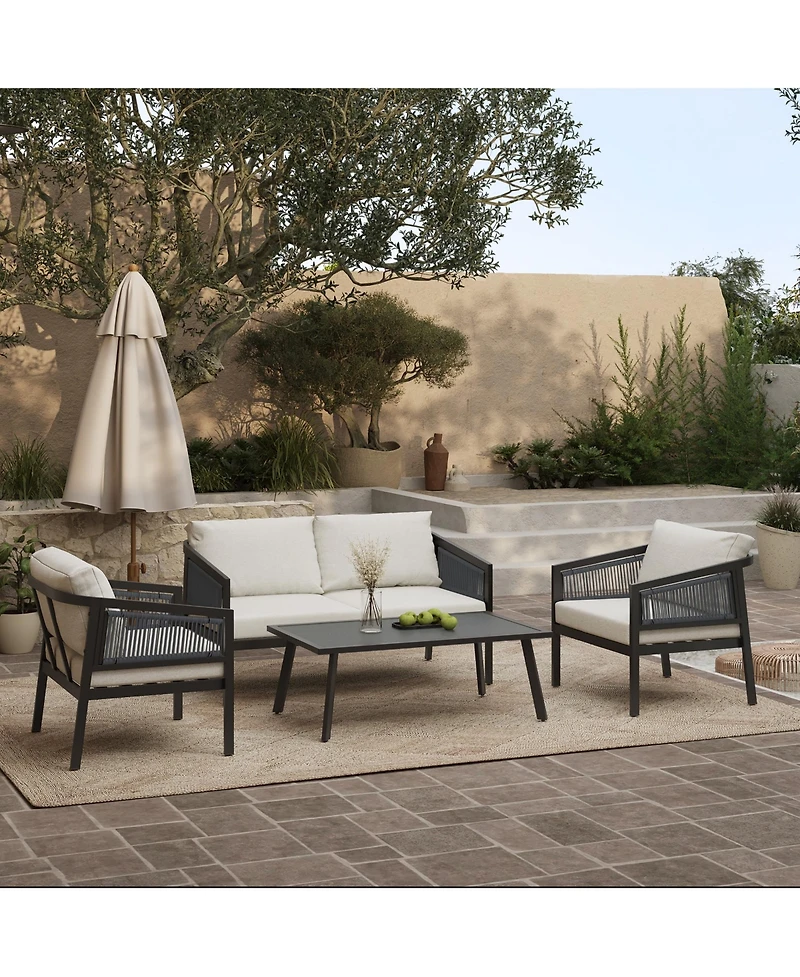 LuxenHome Outdoor Black Steel with Pe Rope Armchairs with Cushions, Set of 2