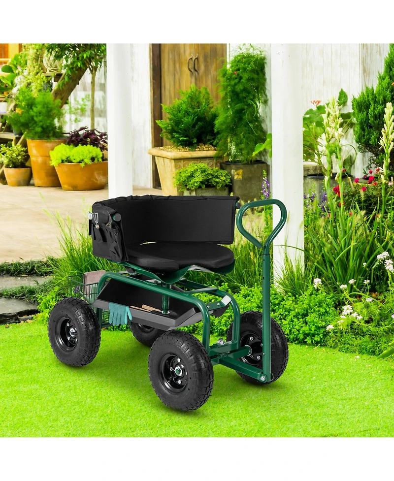 Cushioned Rolling Garden Cart Scooter with Storage Basket and Tool Pouch Comfortable Convenient Outdoor Helper
