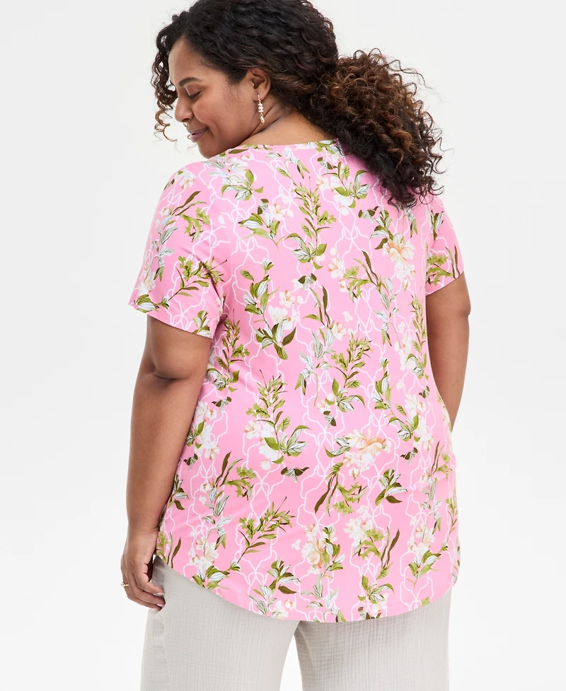 Jm Collection Plus Printed Scoop-Neck Top
