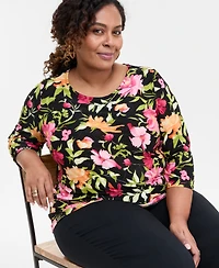 Jm Collection Plus Size Printed 3/4-Sleeve Top, Exclusively at Macy's