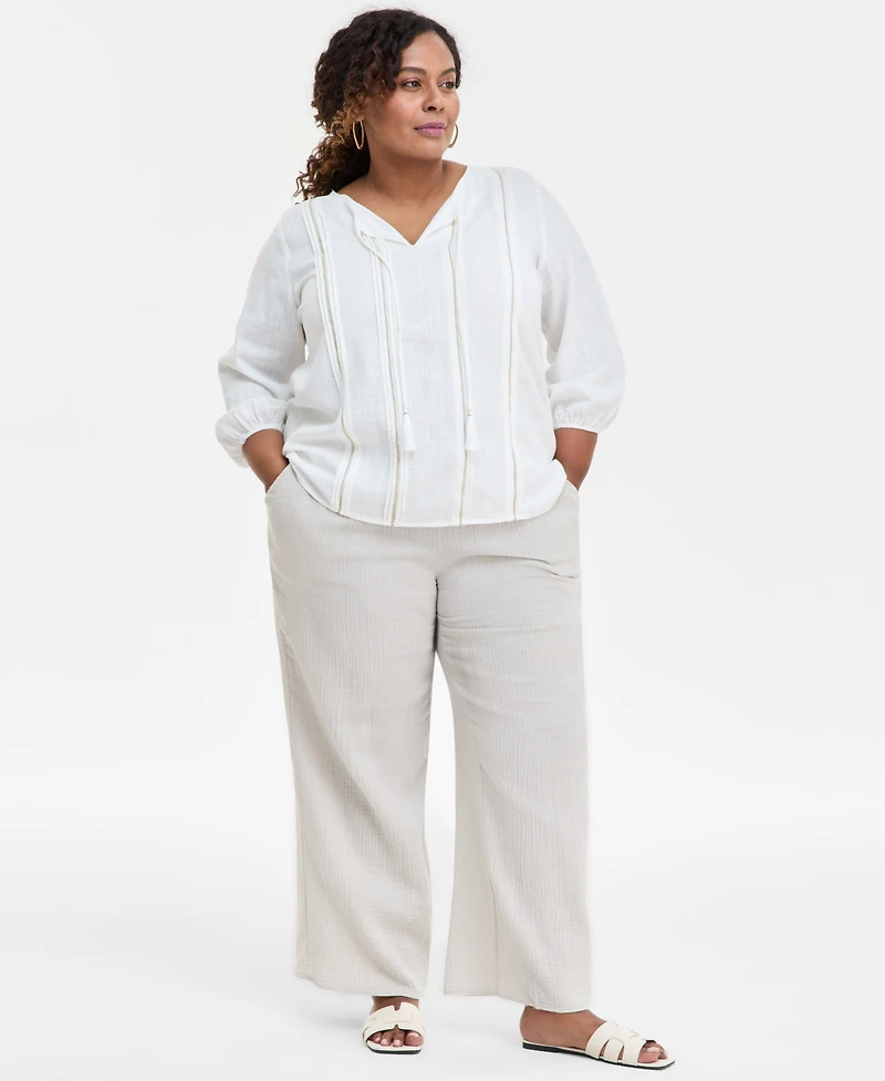 Jm Collection Plus Pleated Split-Neck Top, Exclusively at Macy's