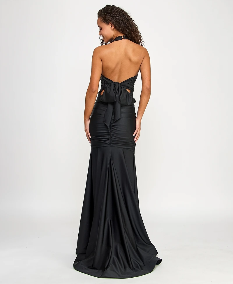 Emerald Sundae Juniors' Ruched Sleeveless Halter Gown