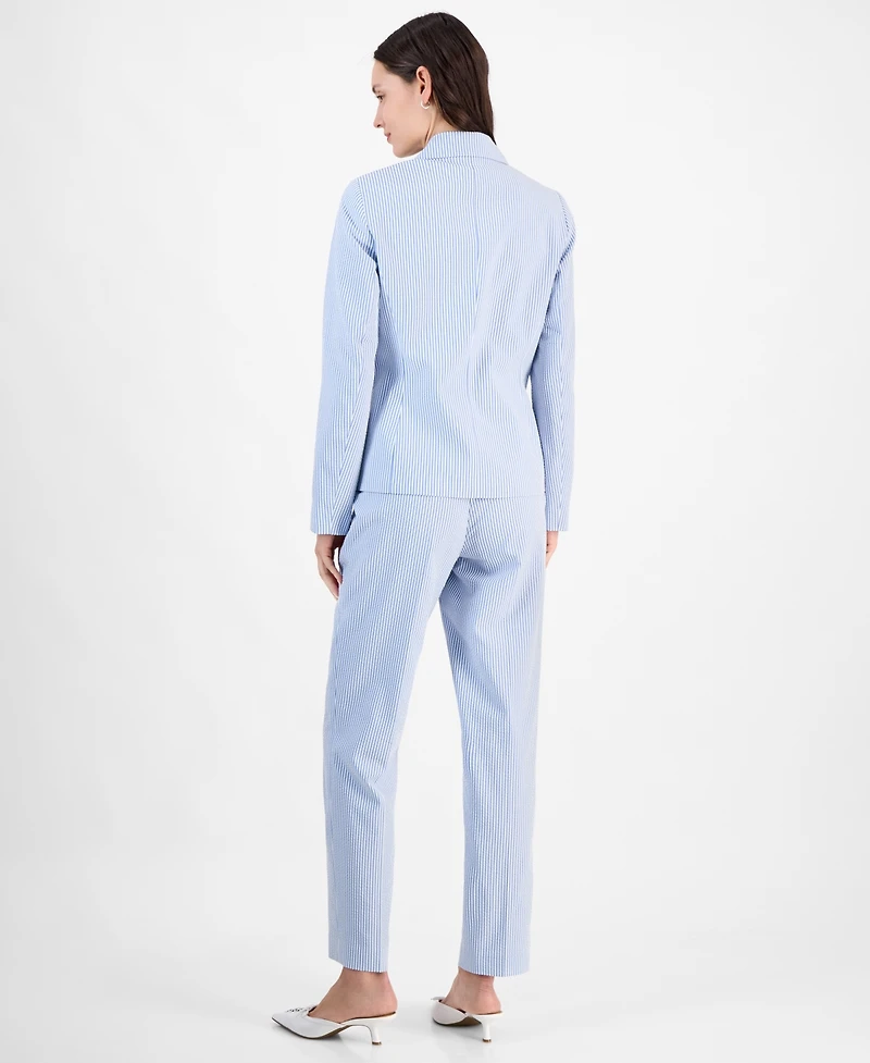 Le Suit Women's Seersucker Two-Button Notch-Collar & Mid-Rise Slim Pants, Regular Petite