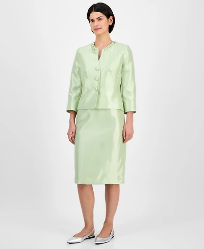 Le Suit Women's Collarless Three-Button 3/4-Sleeve Jacket & Slim Skimmer Skirt, Regular Petite