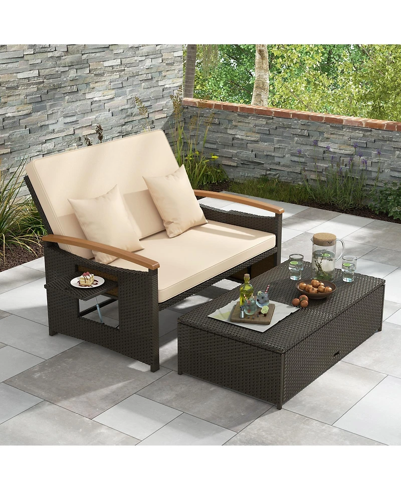 Outdoor Wicker Daybed with Folding Panels and Storage Ottoman