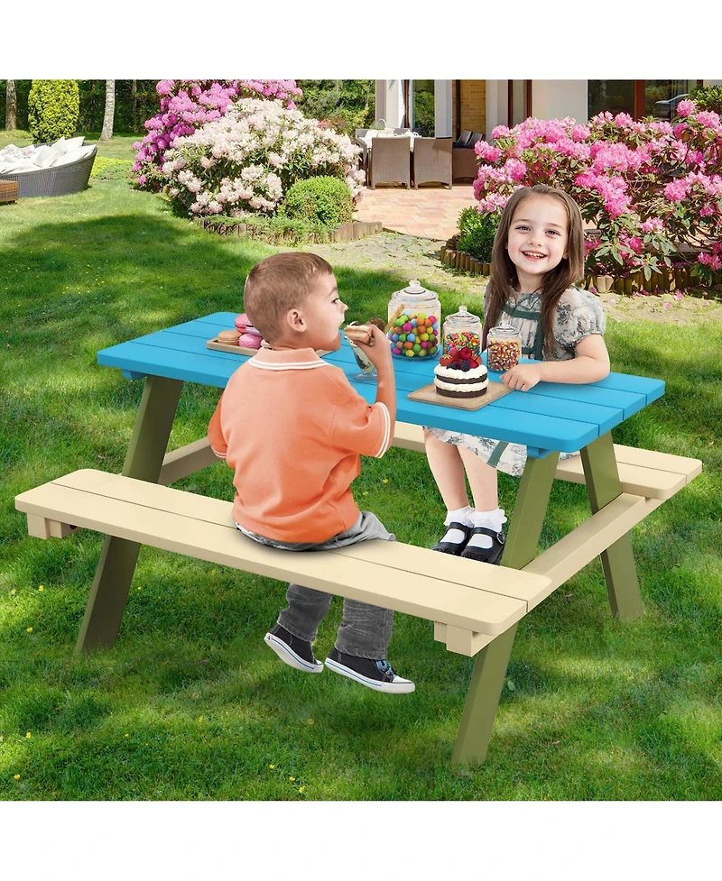 Kids Wooden Picnic Table Set Solid Dining Table with Built-in Benches for Patio