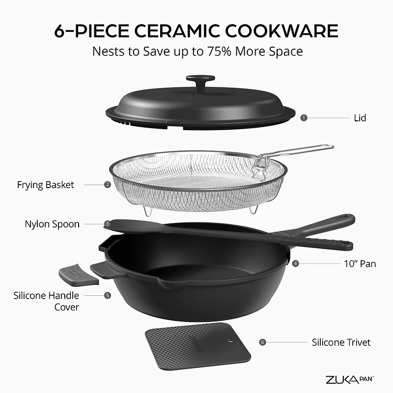 Zuka Everyday Pan Qt. Ceramic 10 1 Nonstick Multi-Functional Saute with Lid, Nylon Spoon
