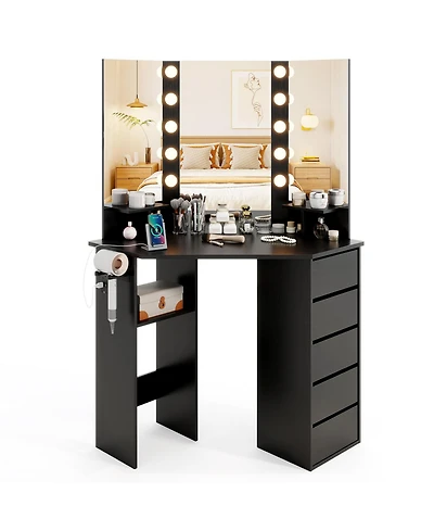 Corner Vanity Desk with 3-Color Led Lighted Mirror & Power Outlet Stylish Makeup for Bedroom
