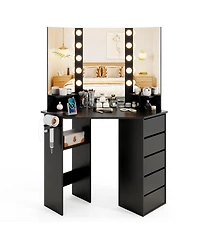 Corner Vanity Desk with 3-Color Led Lighted Mirror & Power Outlet Stylish Makeup for Bedroom