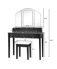 Vanity Table Stool Set with Large Tri-folding Lighted Mirror
