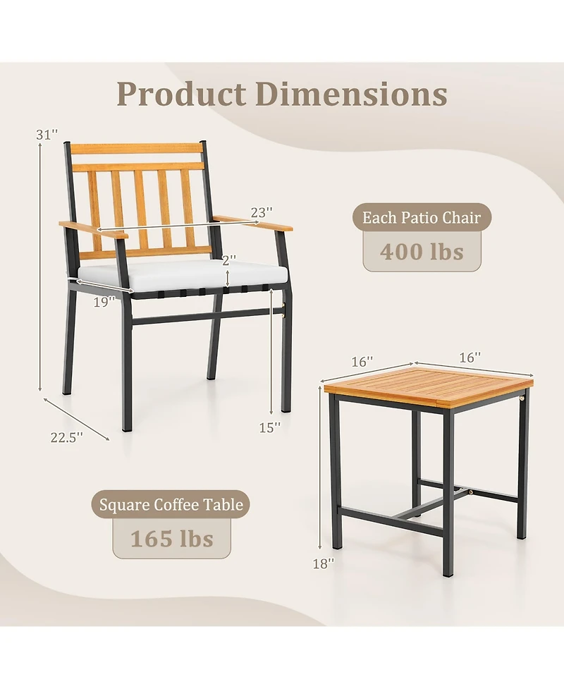 Gymax 3 Pcs Acacia Wood Bistro Set Patio Conversation Set w/ Cushions and Coffee Table