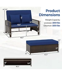 Patio Rattan Daybed Wicker Loveseat Sofa with Multifunctional Ottoman