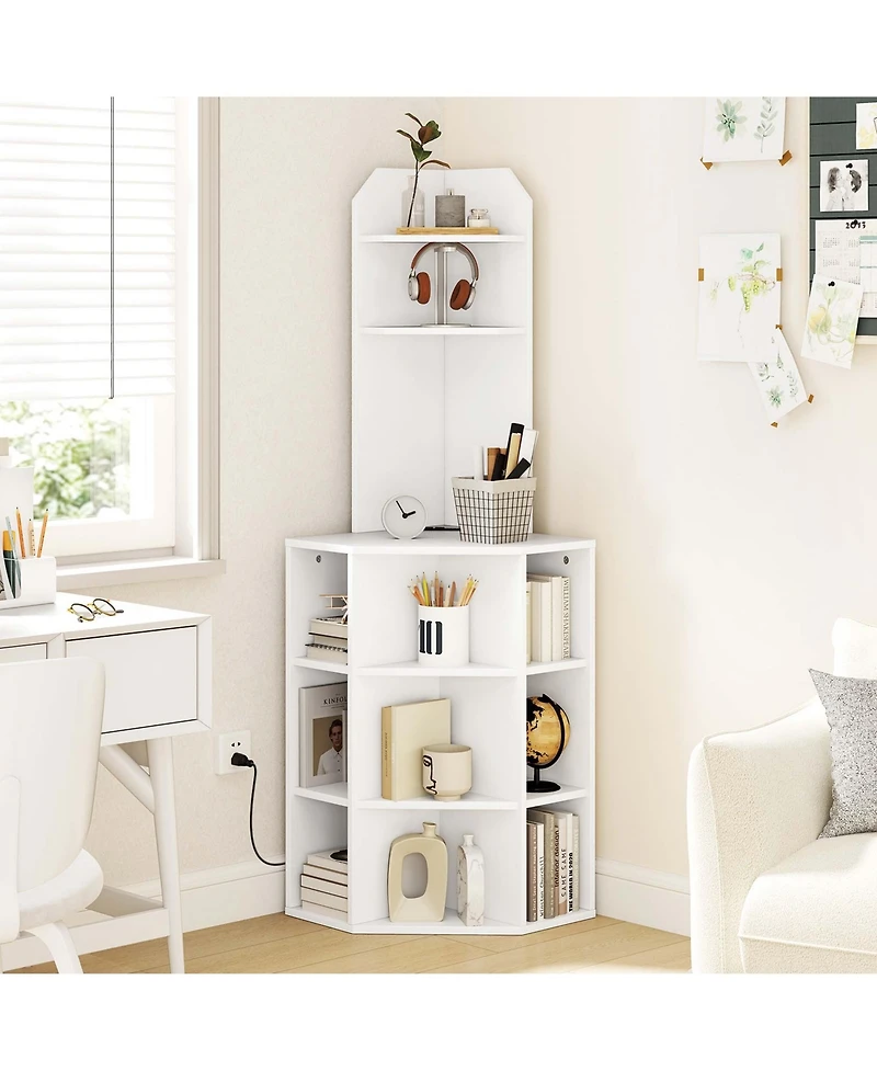6-Tier Corner Shelf 63" Tall Corner Bookshelf with 2 Usb Ports & Charging Station