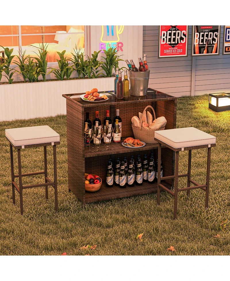 3 Pcs Patio Bar Set with Tempered Glass Tabletop