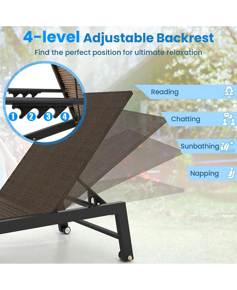 Pe Wicker Patio Chaise Lounge Chair with Wheels for Poolside Backyard and Deck