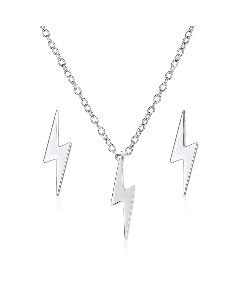 Bling Jewelry Minimalist Lightning Bolt Pendant Necklace and Stud Earrings Set Sterling Silver