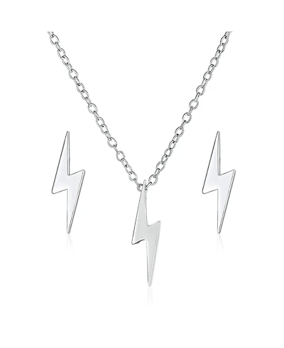Bling Jewelry Minimalist Lightning Bolt Pendant Necklace and Stud Earrings Set Sterling Silver