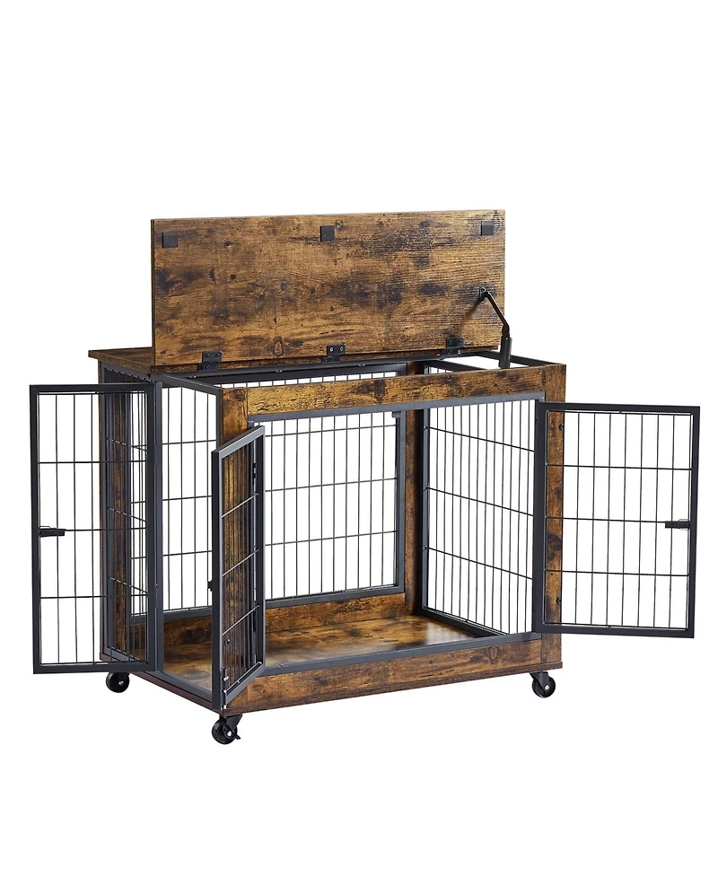 Furniture Style Dog Crate Side Table on Wheels with Double Doors and Lift Top. Rustic Brown