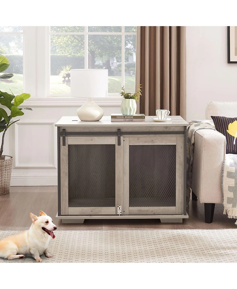 Farmhouse Dog Cage Crate Furniture with Sliding Barn Door Gray