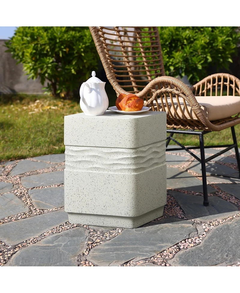 LuxenHome Outdoor Side Table for Patio, 18 Inch Off White with Speckled Gray Square Cement Side Table, Small End Table for Garden, Outdoor Coffee Tabl