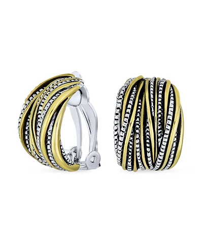 Bling Jewelry Half Hoop Shrimp Style Clip-On Earrings Two Tone Caviar Bead Silver Gold Plated