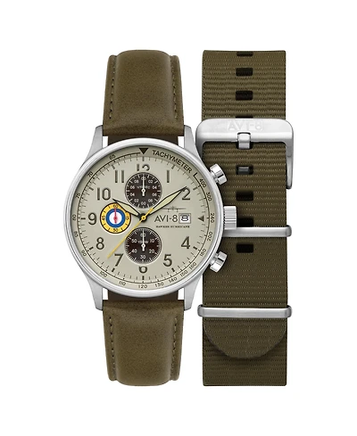 Avi-8 Men's Hawker Hurricane Classic Chronograph Khaki Leather Strap Watch, 43.5mm