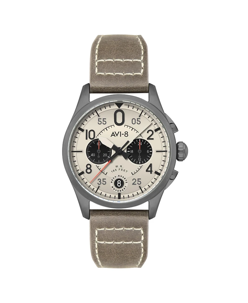 Avi-8 Men's Spitfire Lock Chronograph Gray Leather Strap Watch, 42mm