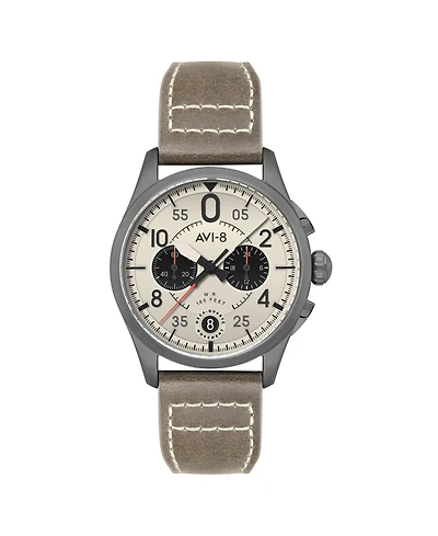 Avi-8 Men's Spitfire Lock Chronograph Gray Leather Strap Watch, 42mm