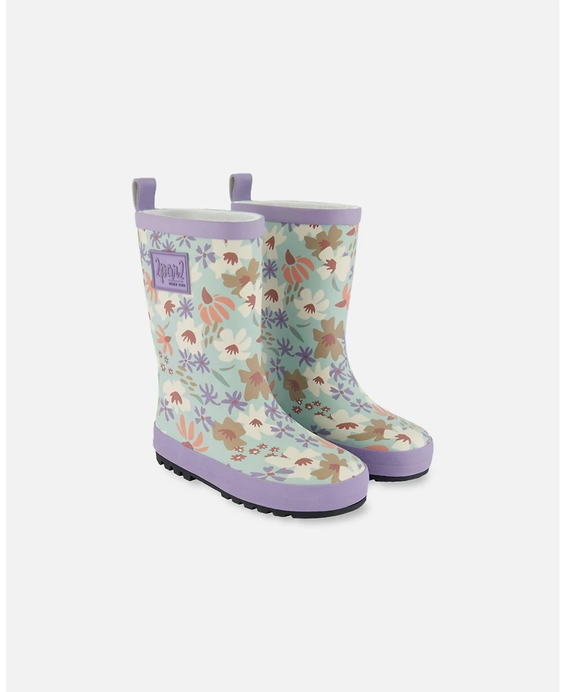 Deux par Deux Girl Printed Rain Boots Small White Flowers On Turquoise And Lilac - Toddler|Child