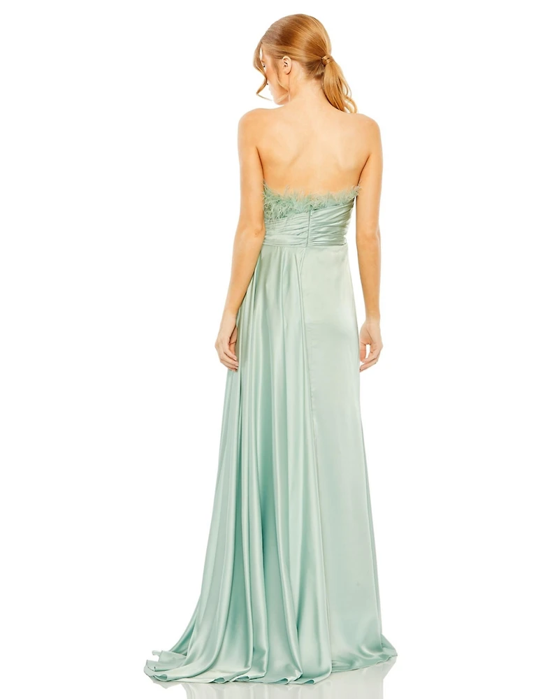 Women's Strapless Feather Detail Satin Gown